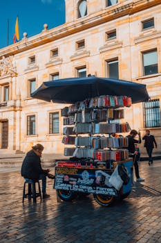 A vibrant street vendor booth in Bogotá selling various phone accessories under a large umbrella.
