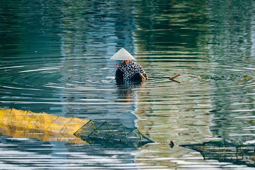 Vietnamese fisher in conical hat wading in Quy Nhơn water with traps.